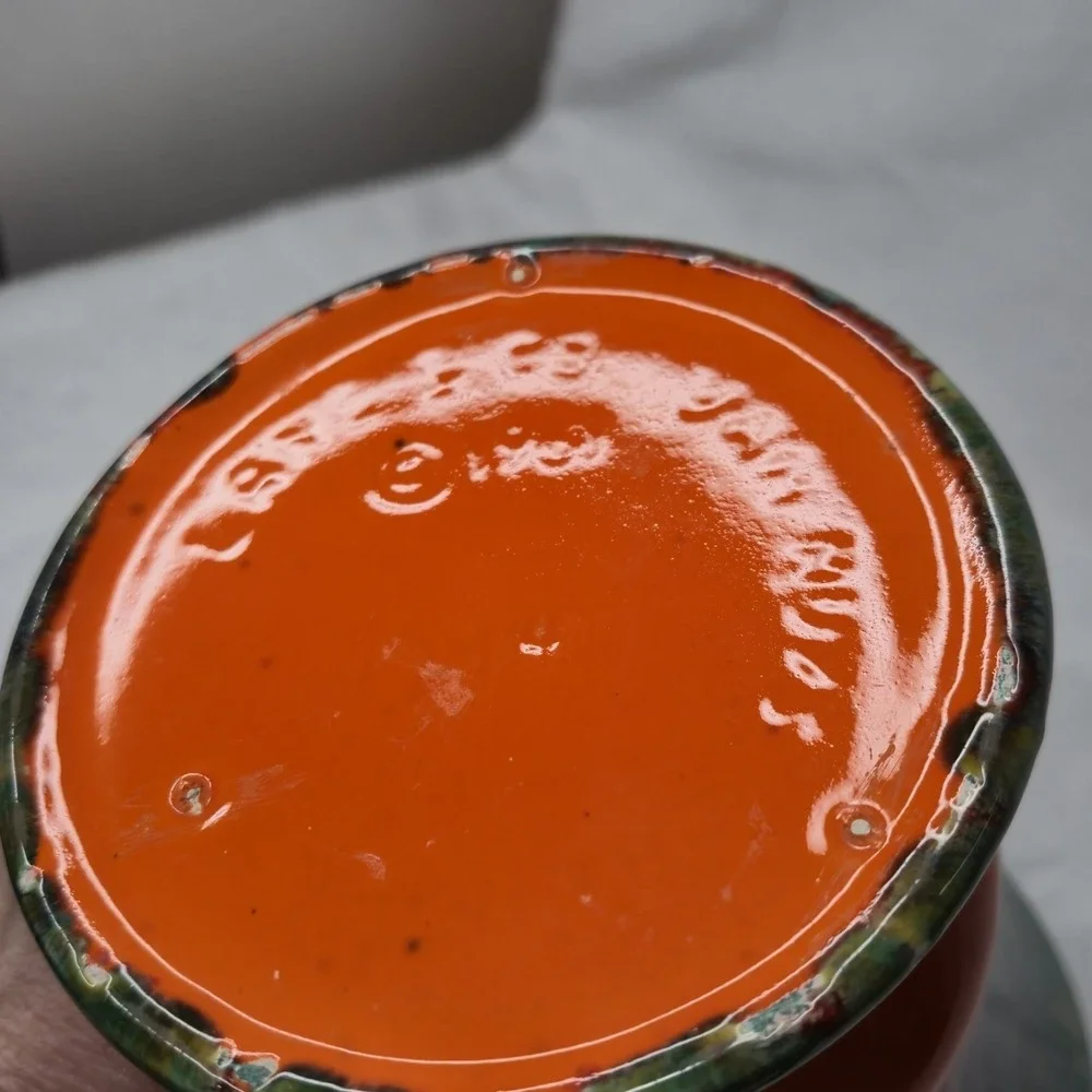 Lane & Co Pottery Vase 1961 MCM Orange Green Drip Glaze Psychedelic Vintage 7.5